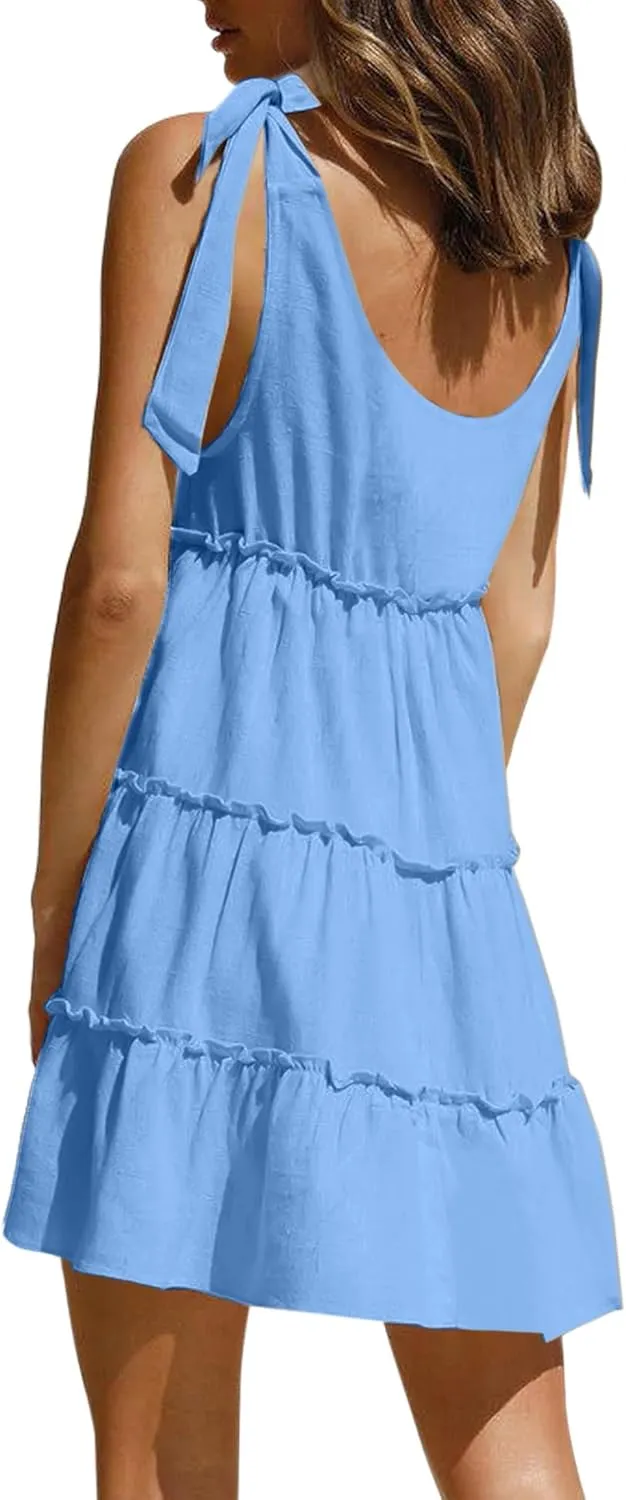 AIMCOO Women's Sleeveless Tie Shoulder Tiered Frill Swing Dress V Neck High Waist Loose Dresses Solid Mini Babydoll Dress