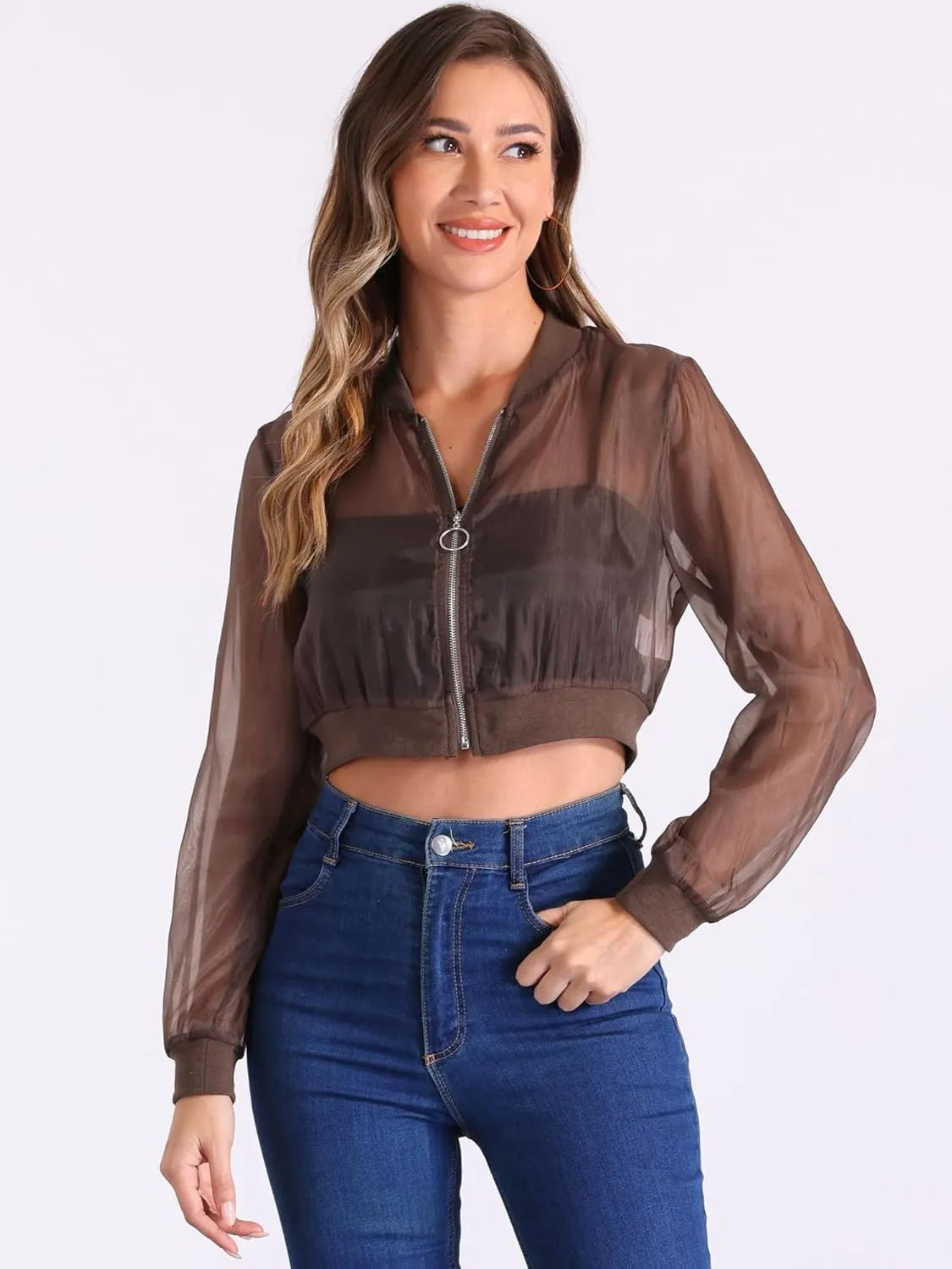 Allegra K Bomber Crop Jacket for Women's Sheer Mesh Lightweight Long Sleeve Jackets