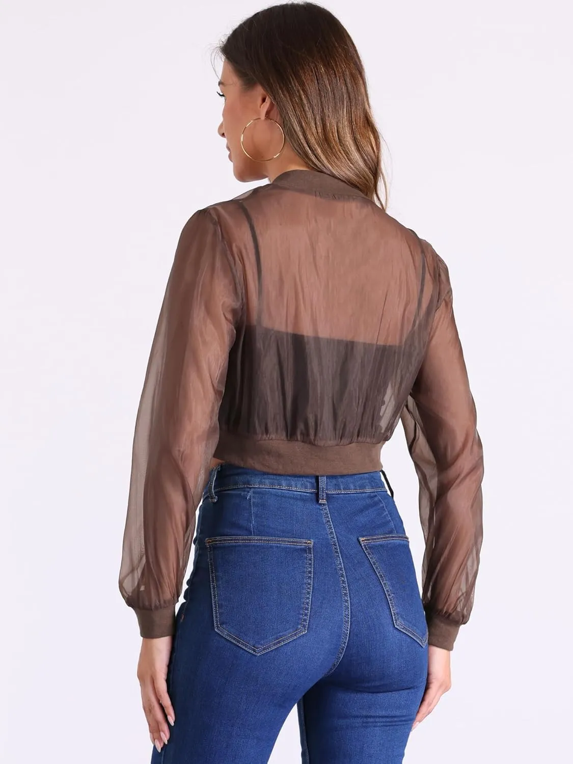 Allegra K Bomber Crop Jacket for Women's Sheer Mesh Lightweight Long Sleeve Jackets