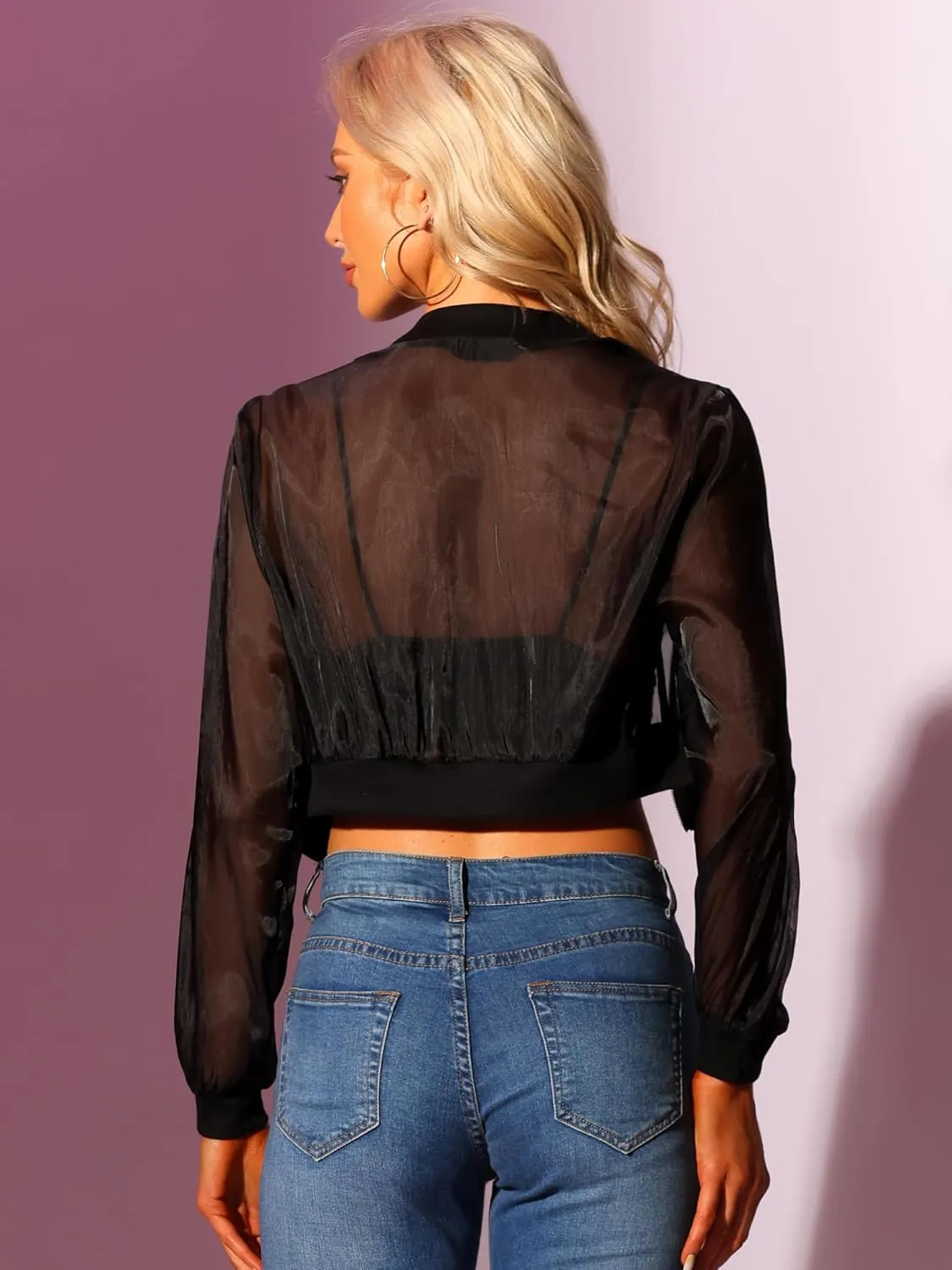 Allegra K Bomber Crop Jacket for Women's Sheer Mesh Lightweight Long Sleeve Jackets