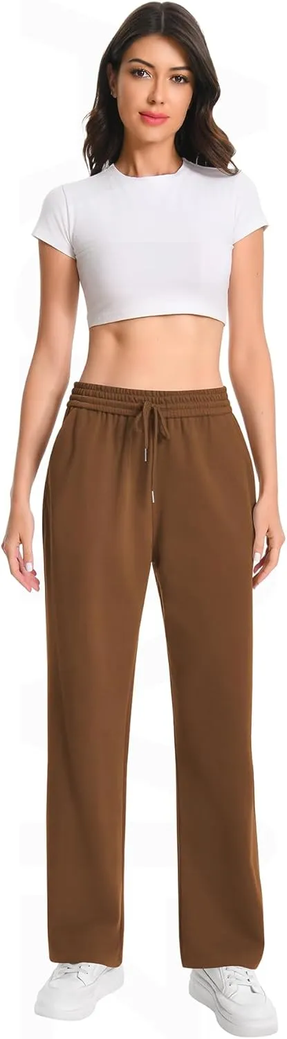 Auriviz Widen Waistband Sweat Pants for Women Exposed Pockets Lounge Sweatpants Straight Leg Pants 29 Inseam