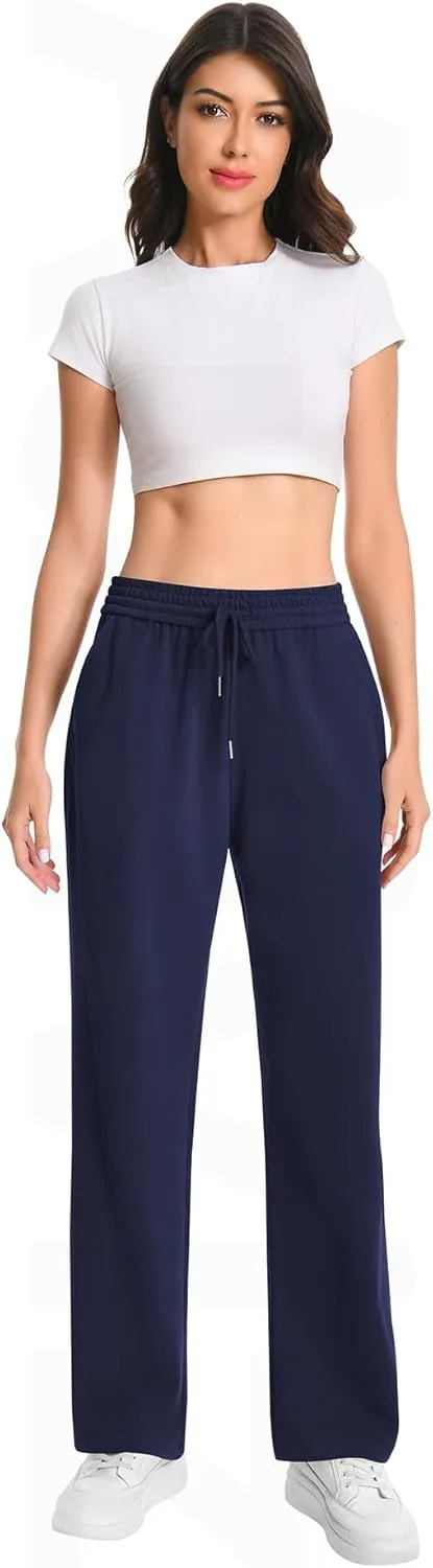 Auriviz Widen Waistband Sweat Pants for Women Exposed Pockets Lounge Sweatpants Straight Leg Pants 29 Inseam