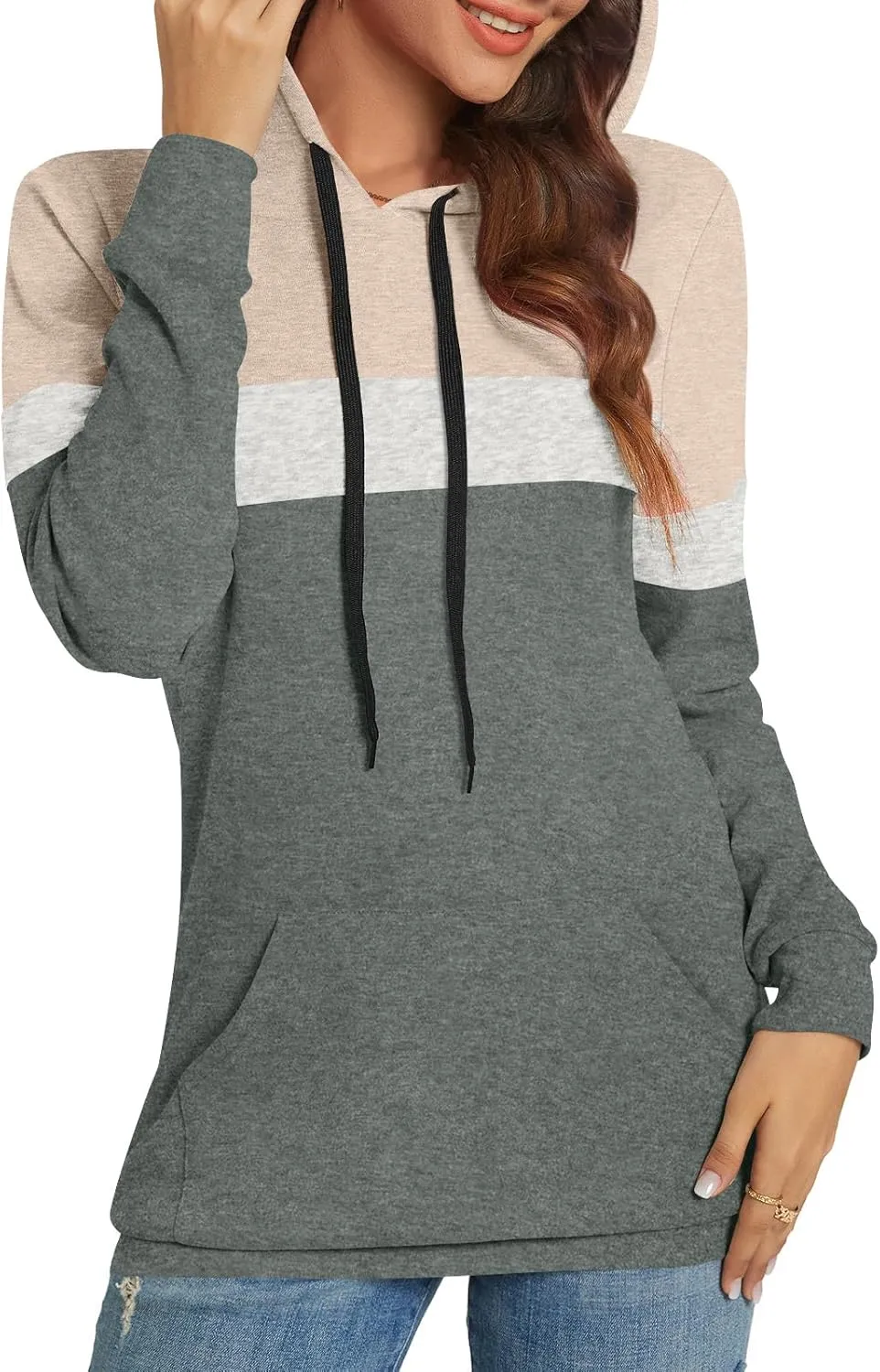 CATHY Womens Long Sleeve Hoodies Tops Casual Color Block Sweatshirts Comfy Drawstring Pullover with Pocket