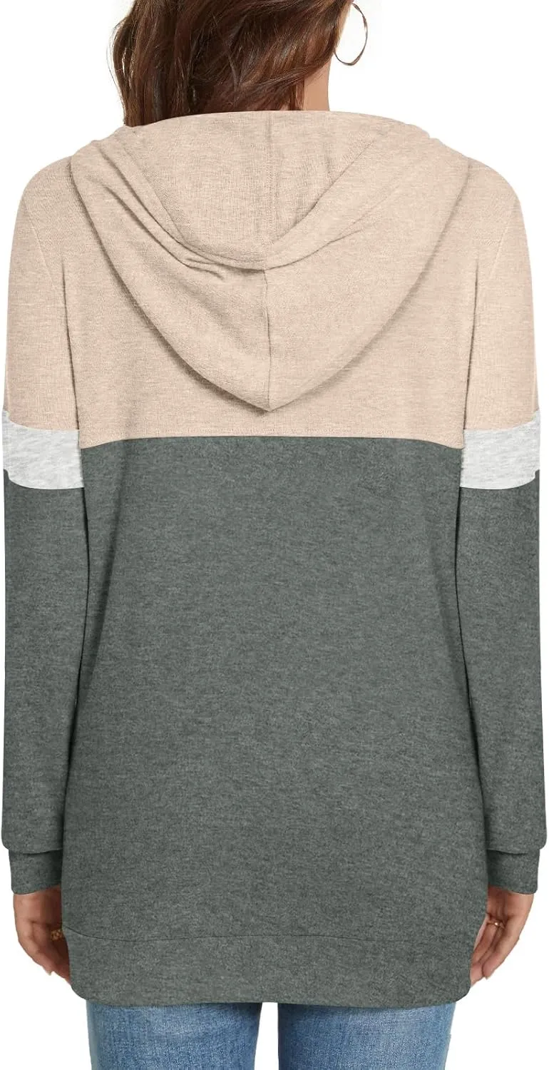 CATHY Womens Long Sleeve Hoodies Tops Casual Color Block Sweatshirts Comfy Drawstring Pullover with Pocket