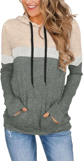 CATHY Womens Long Sleeve Hoodies Tops Casual Color Block Sweatshirts Comfy Drawstring Pullover with Pocket