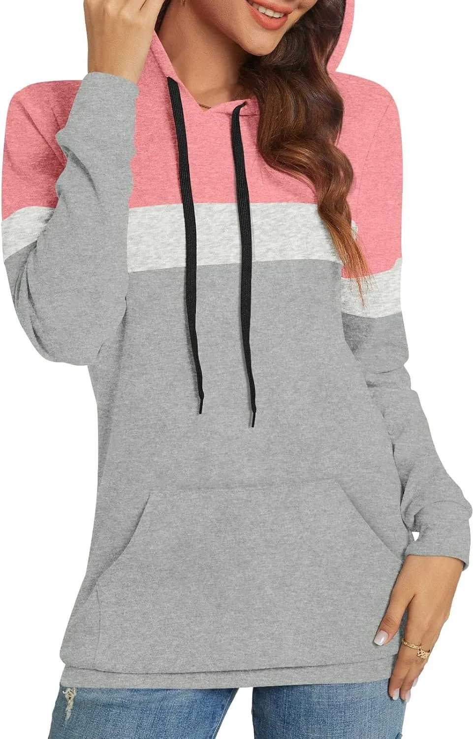 CATHY Womens Long Sleeve Hoodies Tops Casual Color Block Sweatshirts Comfy Drawstring Pullover with Pocket
