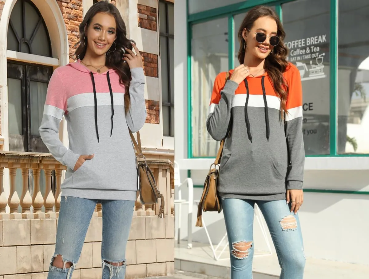 CATHY Womens Long Sleeve Hoodies Tops Casual Color Block Sweatshirts Comfy Drawstring Pullover with Pocket