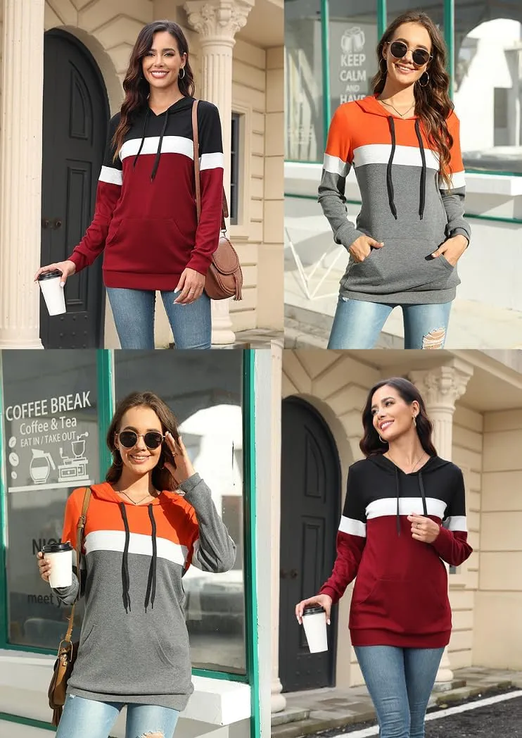 CATHY Womens Long Sleeve Hoodies Tops Casual Color Block Sweatshirts Comfy Drawstring Pullover with Pocket