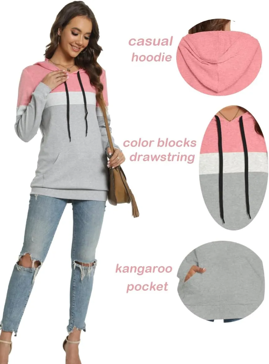 CATHY Womens Long Sleeve Hoodies Tops Casual Color Block Sweatshirts Comfy Drawstring Pullover with Pocket