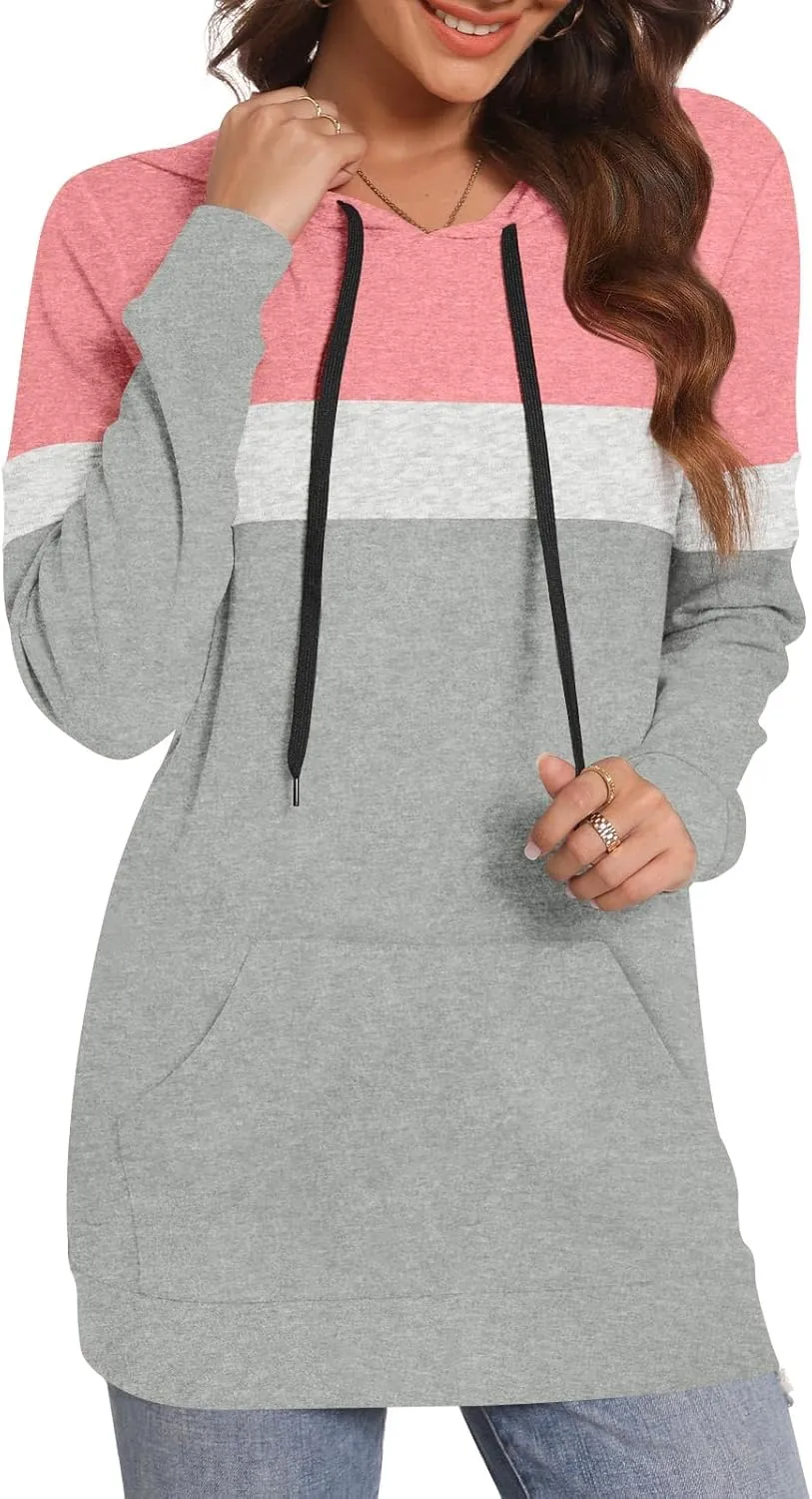 CATHY Womens Long Sleeve Hoodies Tops Casual Color Block Sweatshirts Comfy Drawstring Pullover with Pocket