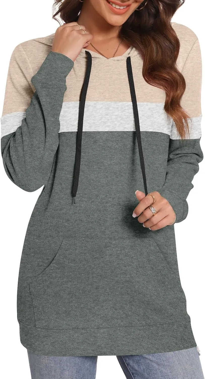 CATHY Womens Long Sleeve Hoodies Tops Casual Color Block Sweatshirts Comfy Drawstring Pullover with Pocket