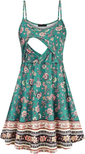 connche Floral Maternity Summer Dress Spaghetti Strap Nursing Breastfeeding