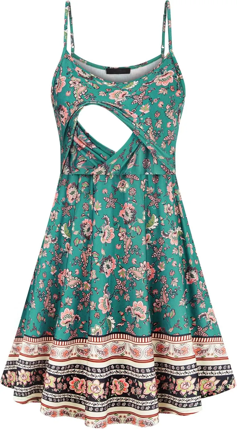connche Floral Maternity Summer Dress Spaghetti Strap Nursing Breastfeeding