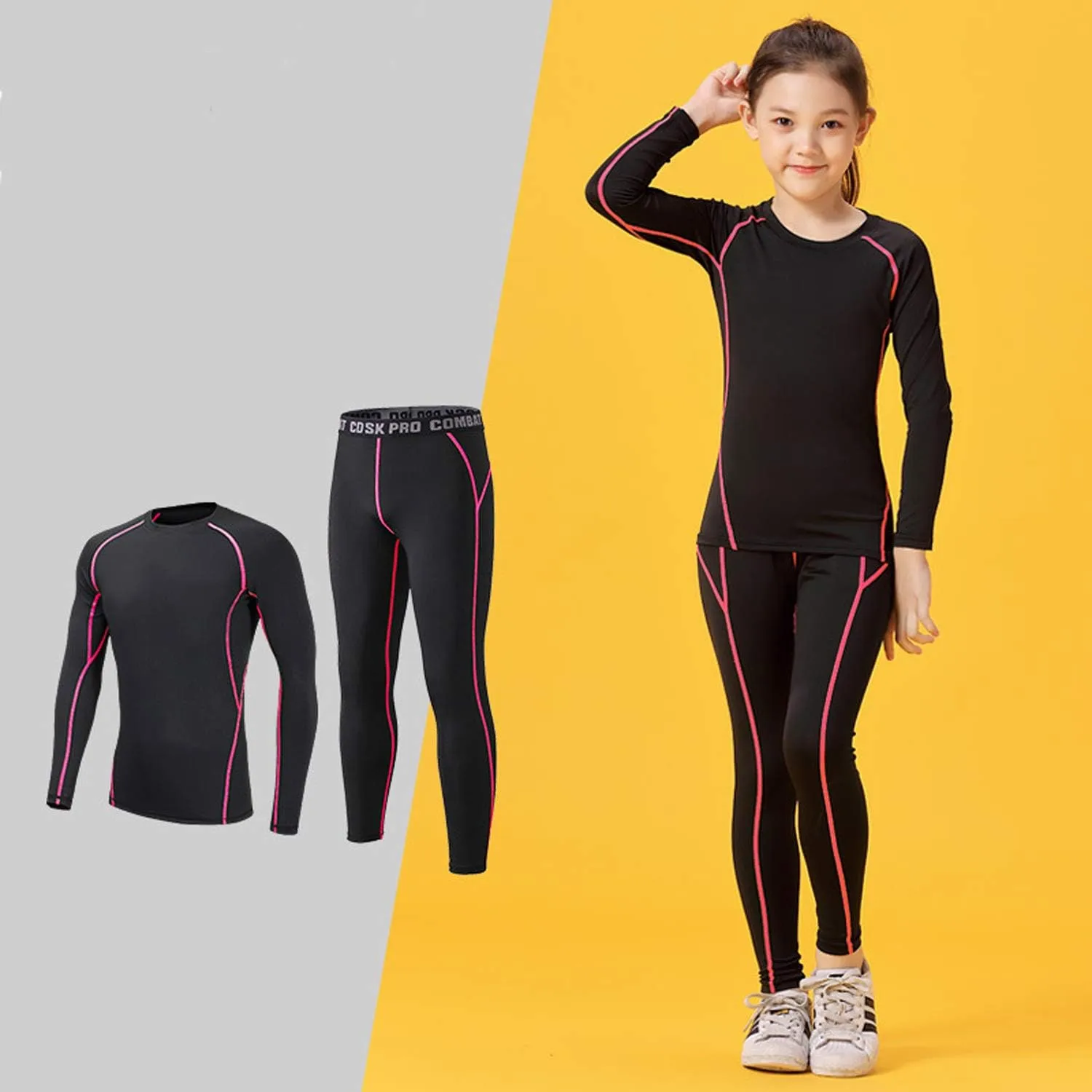 Girls Boys Compression Set Base Layer Athletic Leggings Kids Sports Shirts and Pant 2 Pcs Underwear