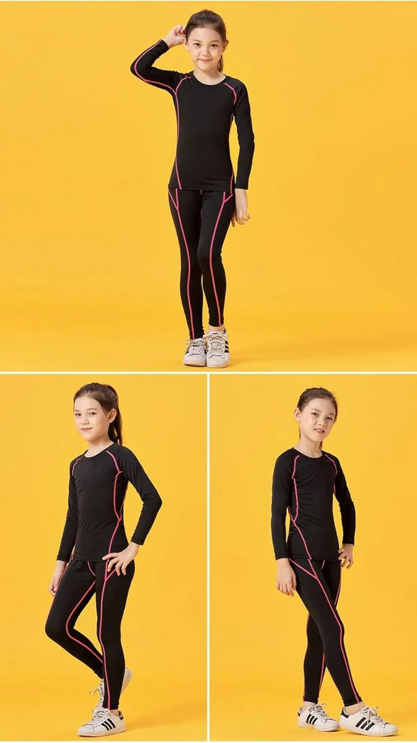 Girls Boys Compression Set Base Layer Athletic Leggings Kids Sports Shirts and Pant 2 Pcs Underwear