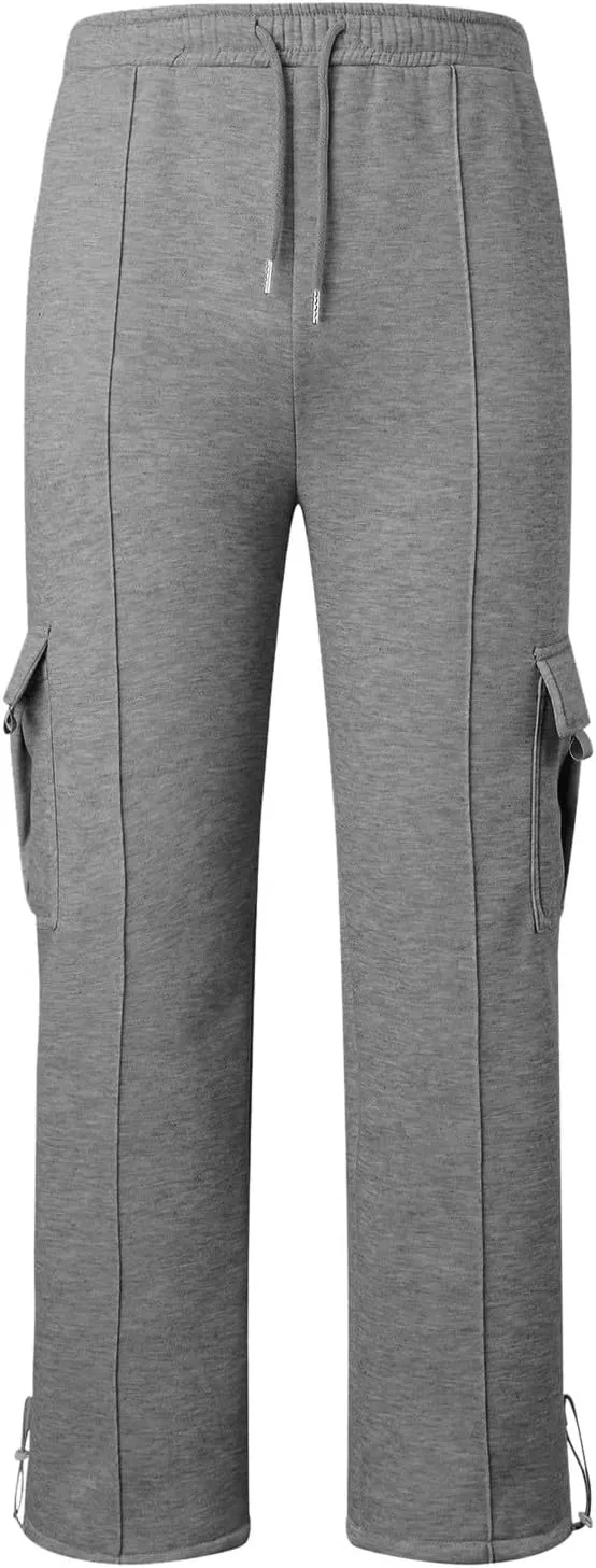 Heavyweight Cargo Sweatpants for Men Casual Fleece Jogger Sports Hiking Pants Drawstring Trousers with Pockets