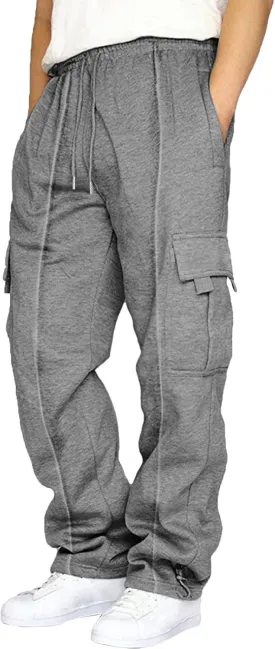 Heavyweight Cargo Sweatpants for Men Casual Fleece Jogger Sports Hiking Pants Drawstring Trousers with Pockets