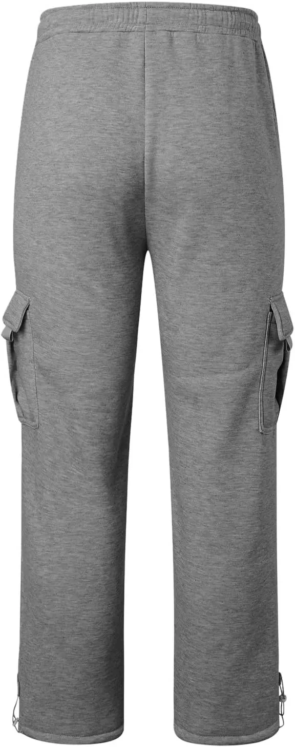 Heavyweight Cargo Sweatpants for Men Casual Fleece Jogger Sports Hiking Pants Drawstring Trousers with Pockets