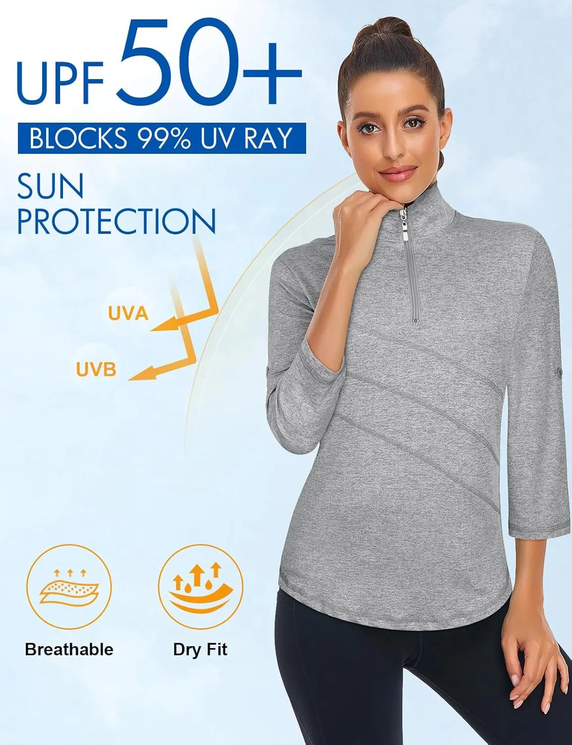 Koscacy Women's 3/4 Roll Sleeve Golf Tennis Polo Shirts UPF50  Half Zip Dry Fit Workout Tops Athletic Shirt