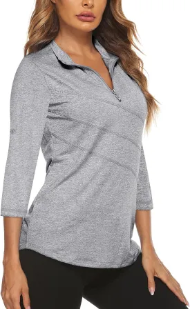 Koscacy Women's 3/4 Roll Sleeve Golf Tennis Polo Shirts UPF50  Half Zip Dry Fit Workout Tops Athletic Shirt