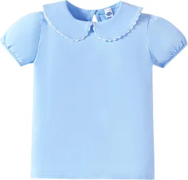 LYSMuch 2-5T Toddler Girls Peter Pan Collar Shirt Puff Short Sleeve Basic Top Blouse Solid Color Tee