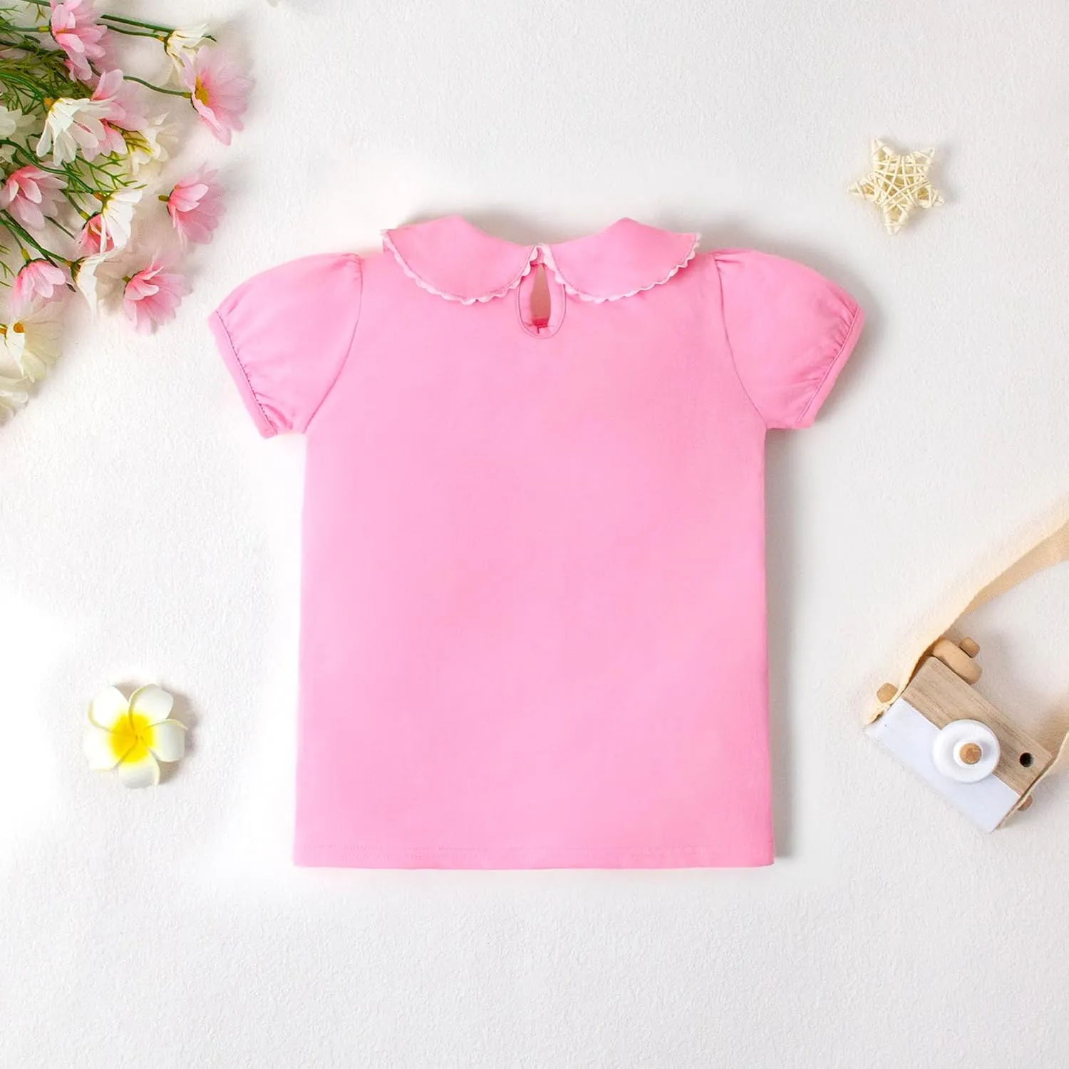 LYSMuch 2-5T Toddler Girls Peter Pan Collar Shirt Puff Short Sleeve Basic Top Blouse Solid Color Tee