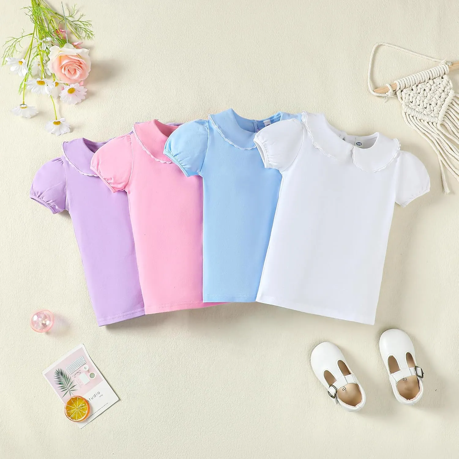 LYSMuch 2-5T Toddler Girls Peter Pan Collar Shirt Puff Short Sleeve Basic Top Blouse Solid Color Tee