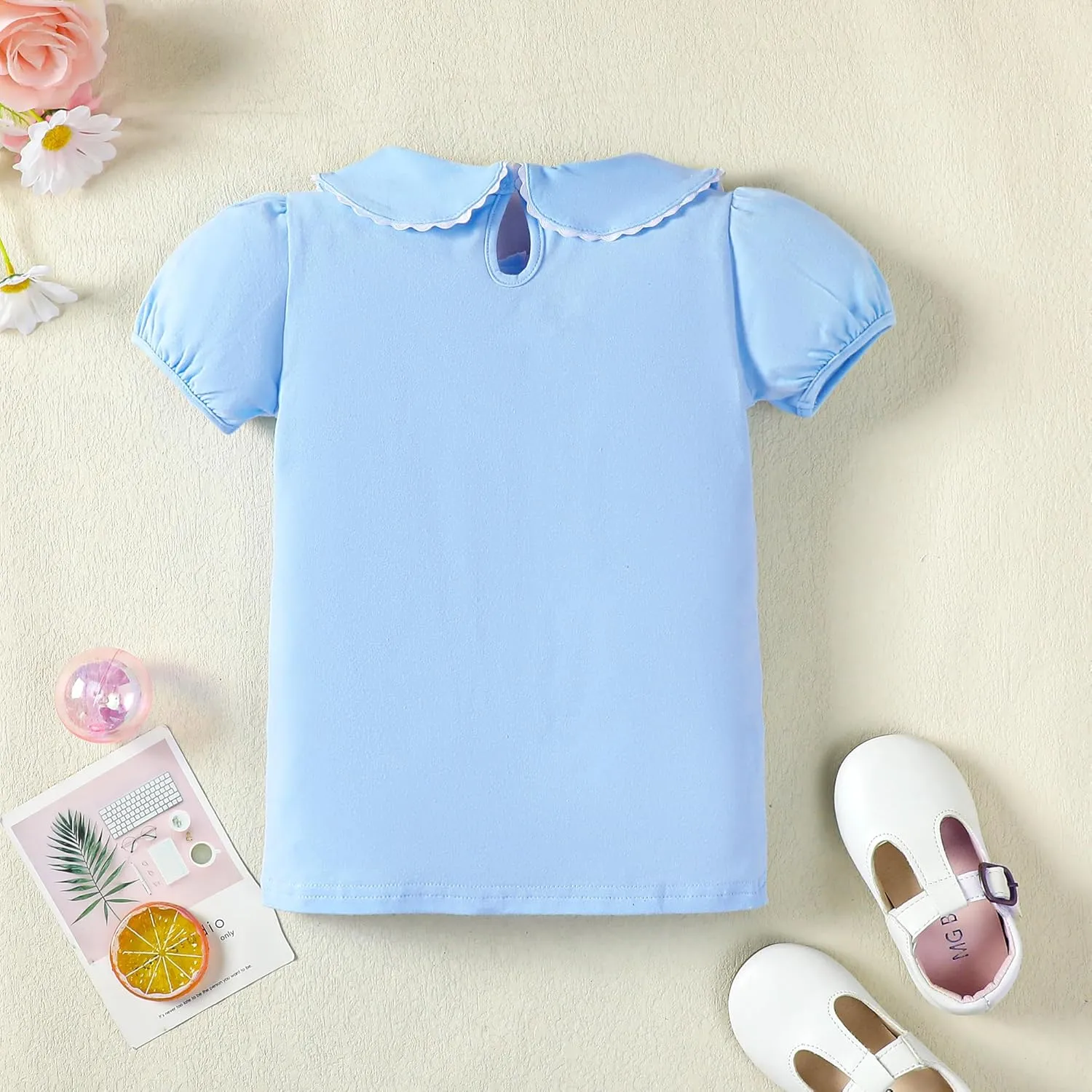 LYSMuch 2-5T Toddler Girls Peter Pan Collar Shirt Puff Short Sleeve Basic Top Blouse Solid Color Tee