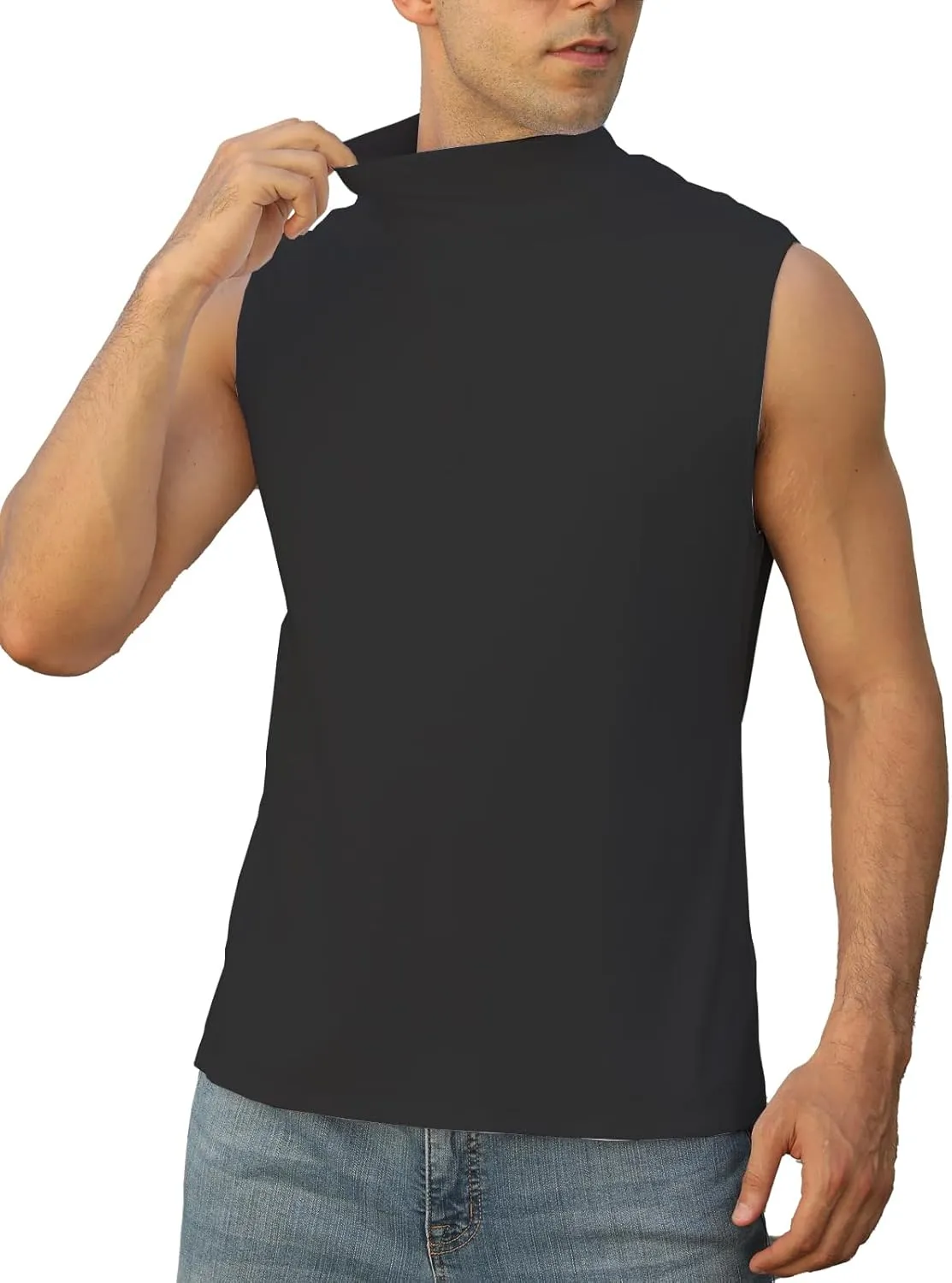 Mens Mock Turtleneck Tee Shirts Sleeveless Casual Basic Slim Fit Knitted Pullover Tank Tops