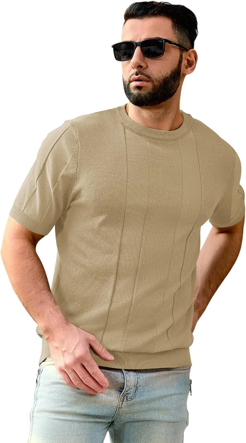 Mens T-Shirts Knit Short Sleeve: Casual Stylish Textured Crewneck Solid Color Sweater Pullover Tees Shirts