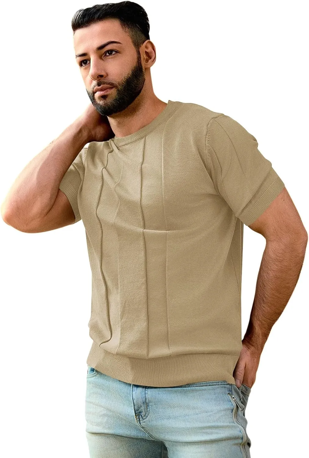 Mens T-Shirts Knit Short Sleeve: Casual Stylish Textured Crewneck Solid Color Sweater Pullover Tees Shirts