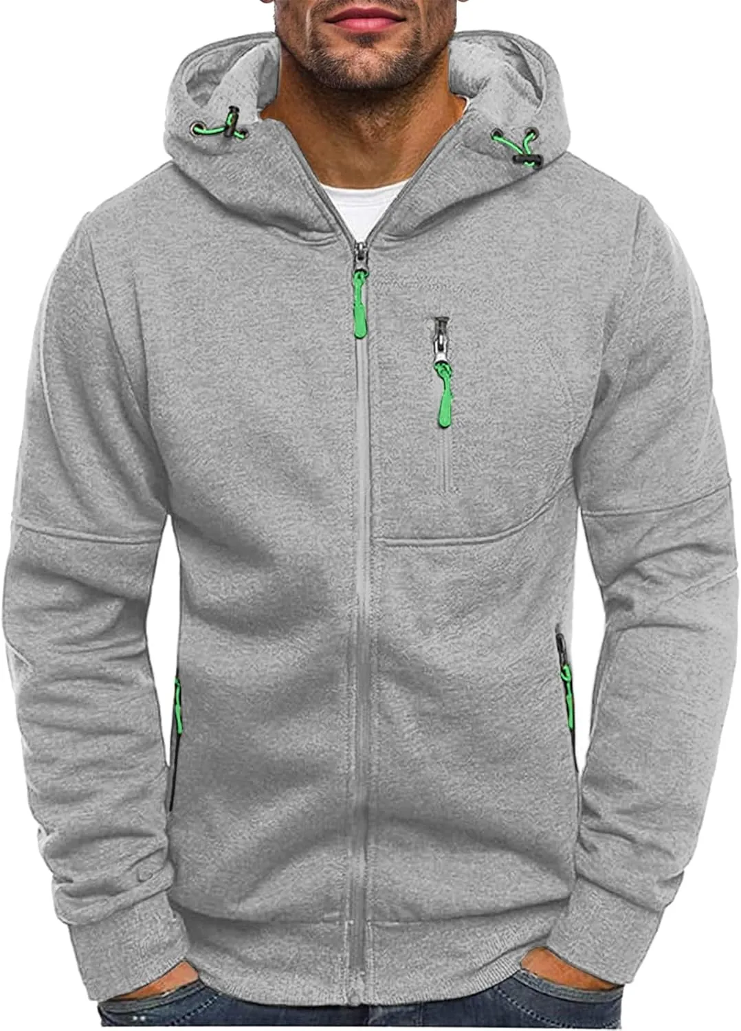 Men's Zip Up Fleece Hoodie Lightweight Sweatshirt Long Sleeve Sports Hooded Jacket with Zipper Pockets