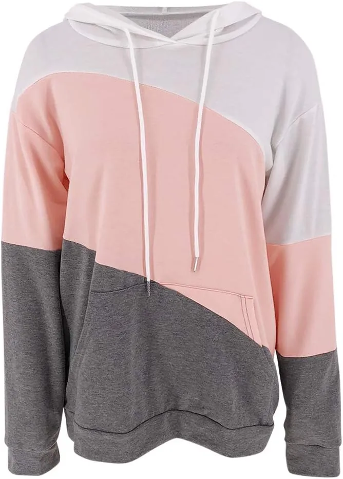 Minclouse Women's Long sleeves Color Block Hoodie Tops Cute Casual Drawstring Loose Lightweight Tunic Pullover