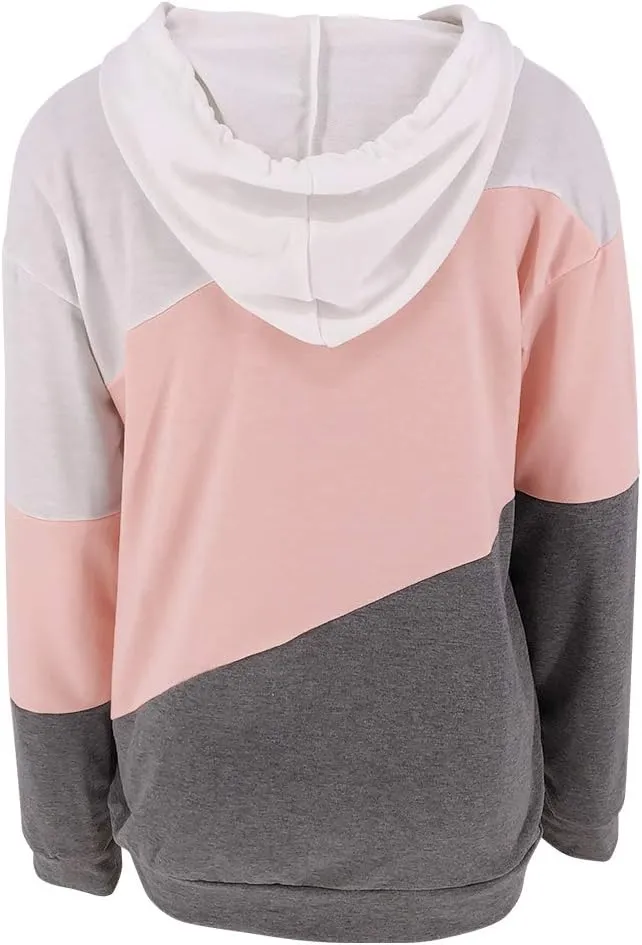 Minclouse Women's Long sleeves Color Block Hoodie Tops Cute Casual Drawstring Loose Lightweight Tunic Pullover