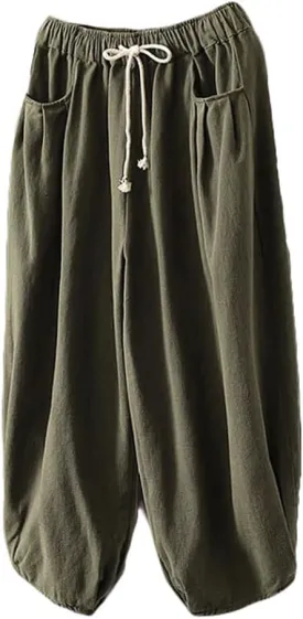 Minibee Women's Baggy Harem Pants Wide Leg Casual Pant Summer Cotton Drawstring Trousers with Pockets