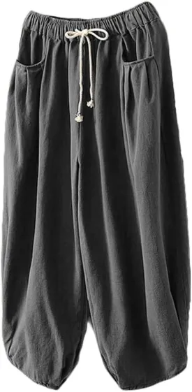 Minibee Women's Baggy Harem Pants Wide Leg Casual Pant Summer Cotton Drawstring Trousers with Pockets