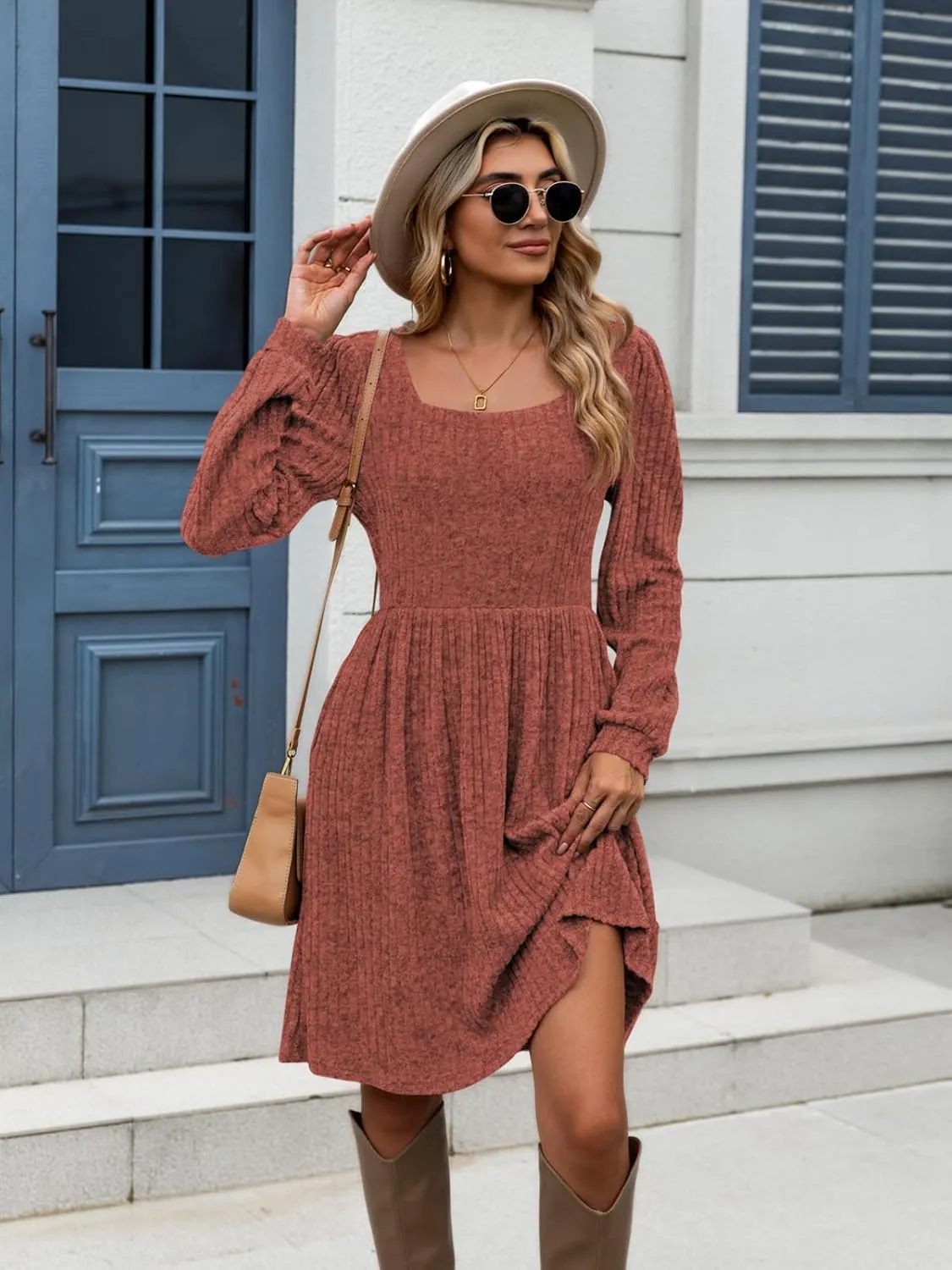 Naggoo Long Sleeve Fall Dresses for Women 2024 Square Neck Winter Sweater Dresses