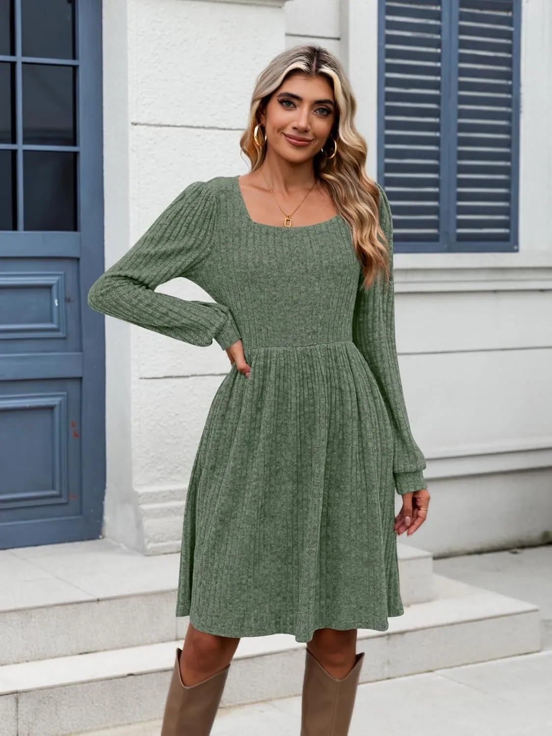 Naggoo Long Sleeve Fall Dresses for Women 2024 Square Neck Winter Sweater Dresses