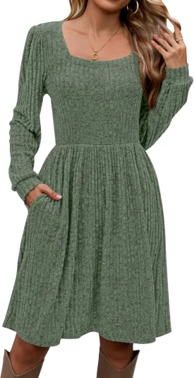 Naggoo Long Sleeve Fall Dresses for Women 2024 Square Neck Winter Sweater Dresses