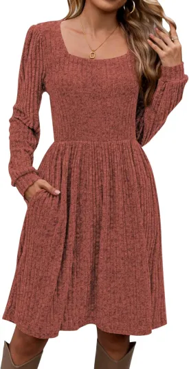 Naggoo Long Sleeve Fall Dresses for Women 2024 Square Neck Winter Sweater Dresses