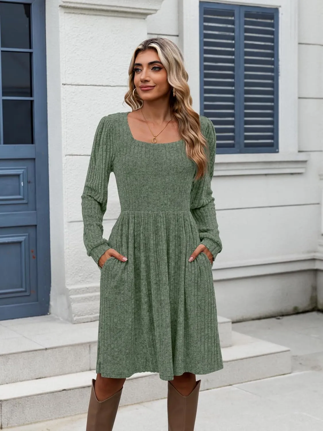 Naggoo Long Sleeve Fall Dresses for Women 2024 Square Neck Winter Sweater Dresses