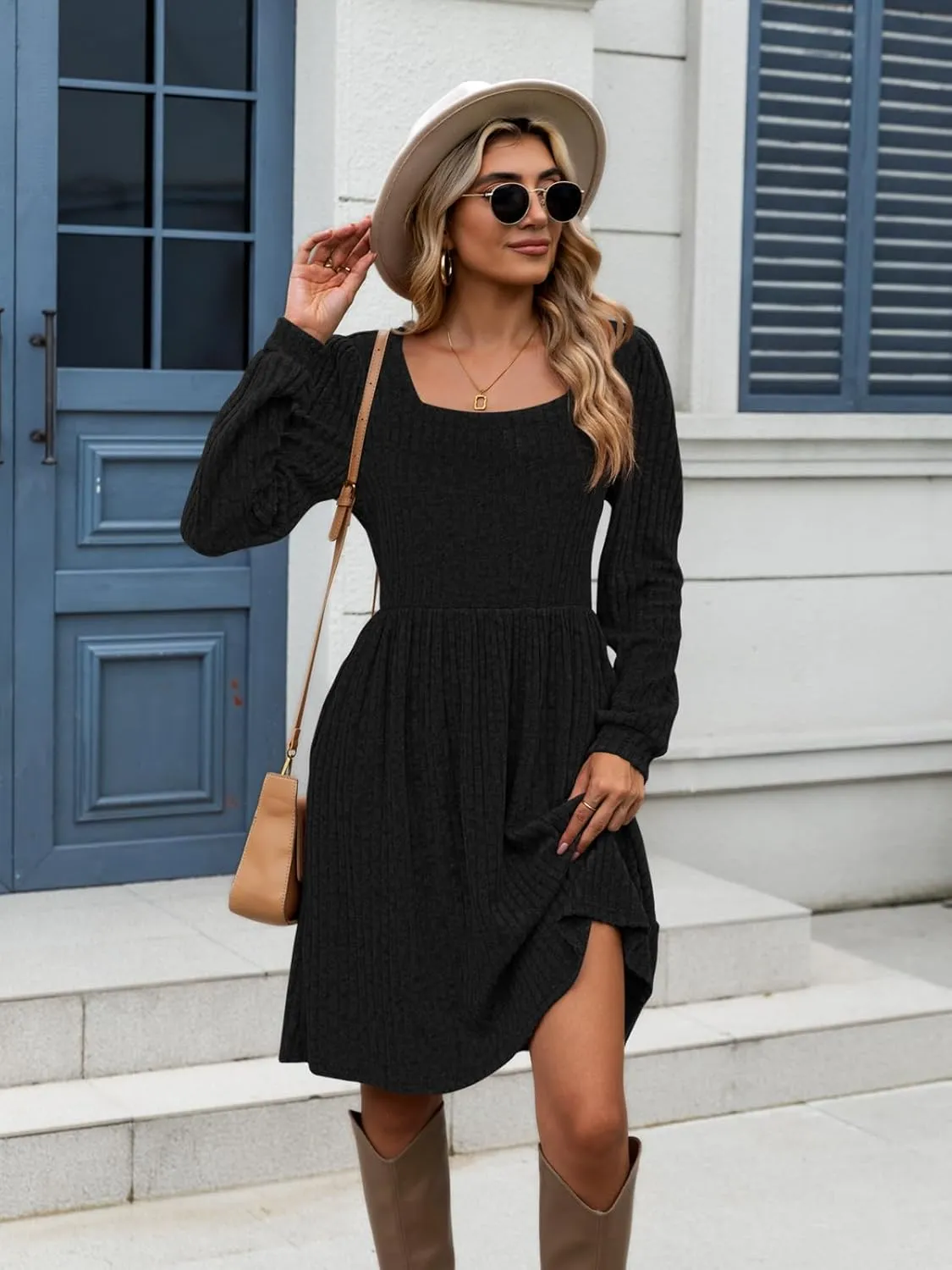 Naggoo Long Sleeve Fall Dresses for Women 2024 Square Neck Winter Sweater Dresses