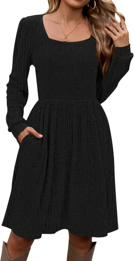 Naggoo Long Sleeve Fall Dresses for Women 2024 Square Neck Winter Sweater Dresses