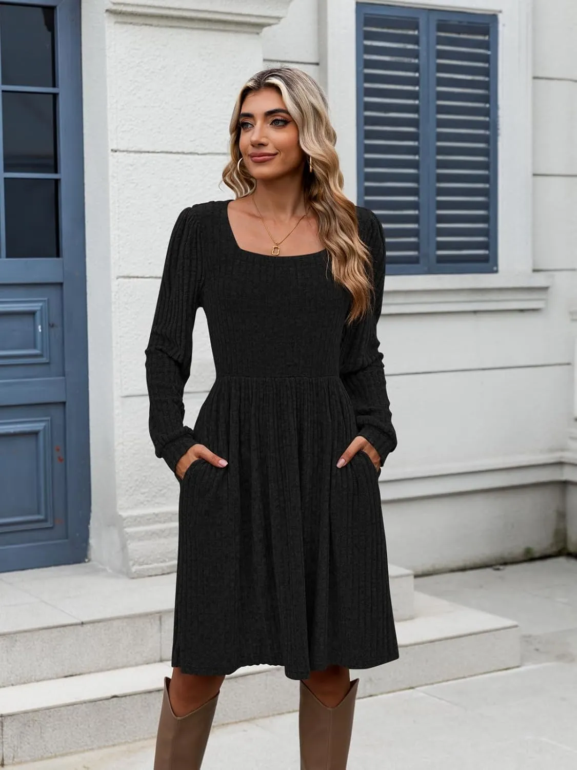 Naggoo Long Sleeve Fall Dresses for Women 2024 Square Neck Winter Sweater Dresses