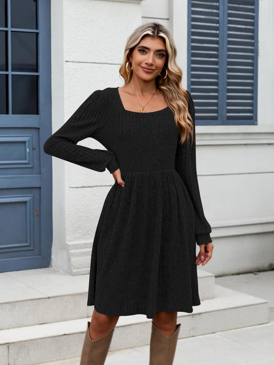 Naggoo Long Sleeve Fall Dresses for Women 2024 Square Neck Winter Sweater Dresses