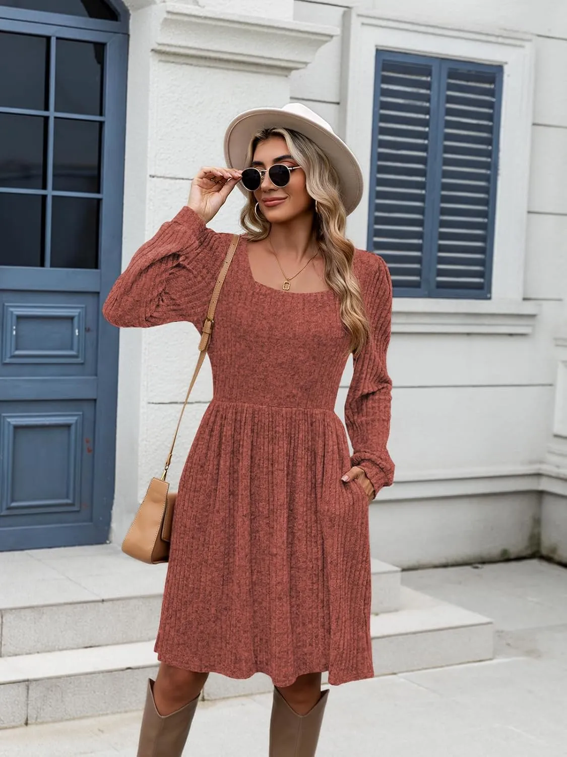 Naggoo Long Sleeve Fall Dresses for Women 2024 Square Neck Winter Sweater Dresses