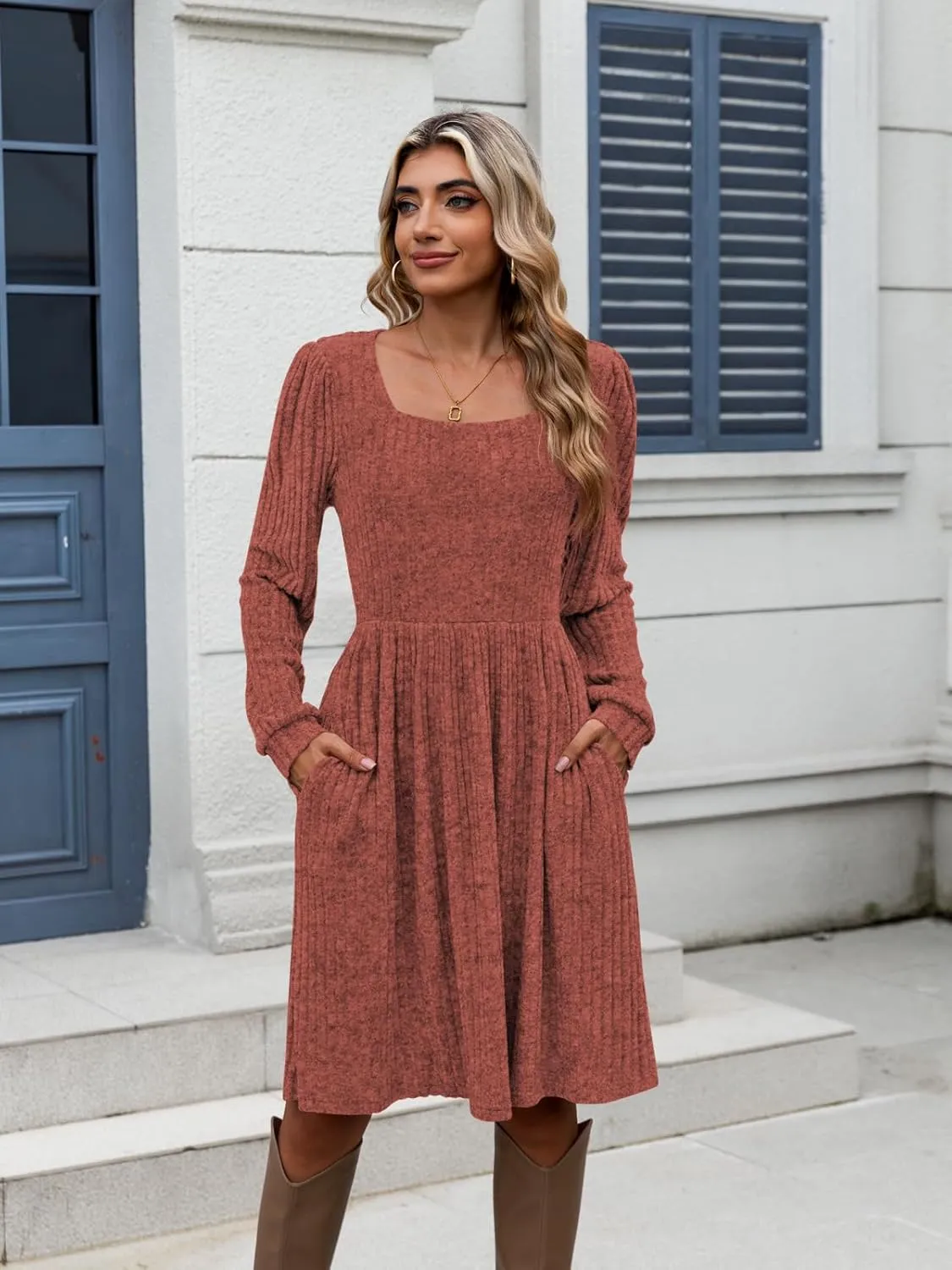 Naggoo Long Sleeve Fall Dresses for Women 2024 Square Neck Winter Sweater Dresses