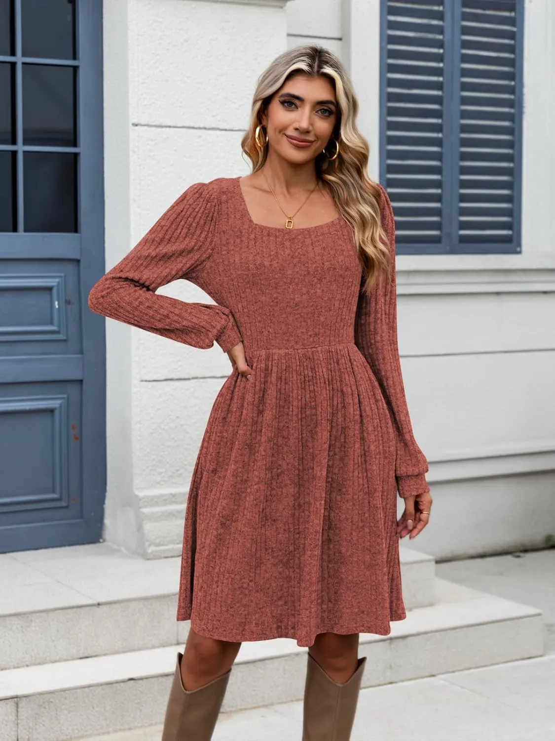 Naggoo Long Sleeve Fall Dresses for Women 2024 Square Neck Winter Sweater Dresses