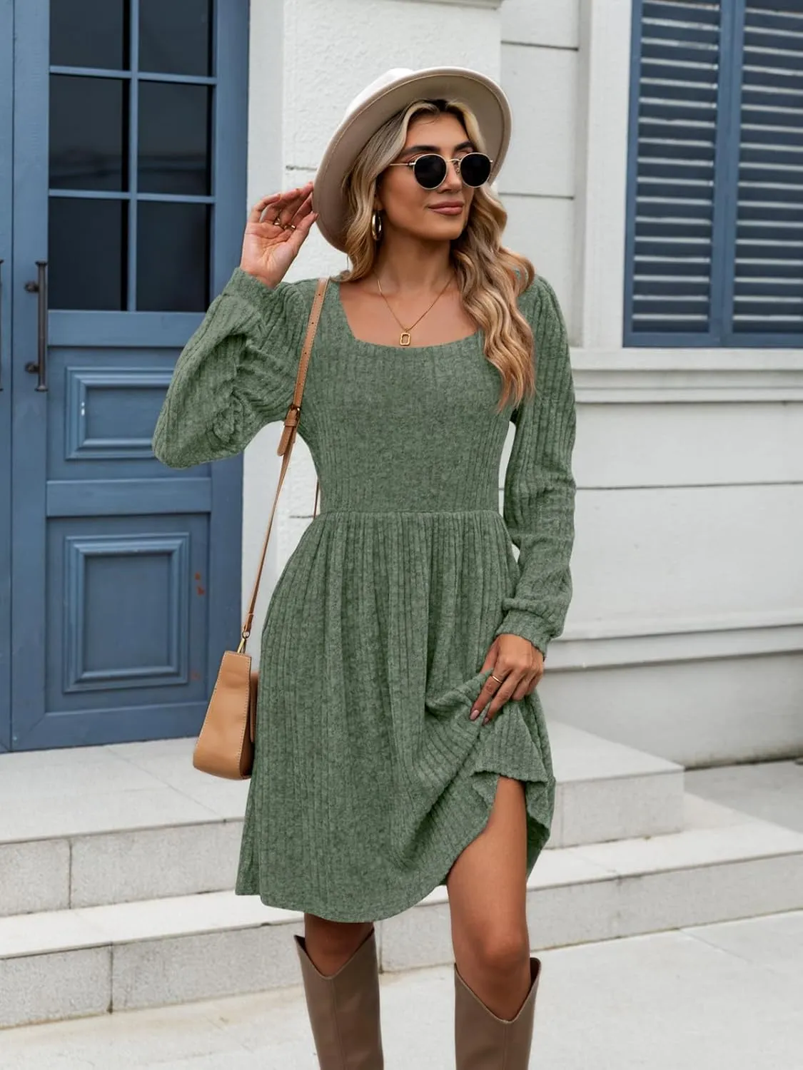 Naggoo Long Sleeve Fall Dresses for Women 2024 Square Neck Winter Sweater Dresses