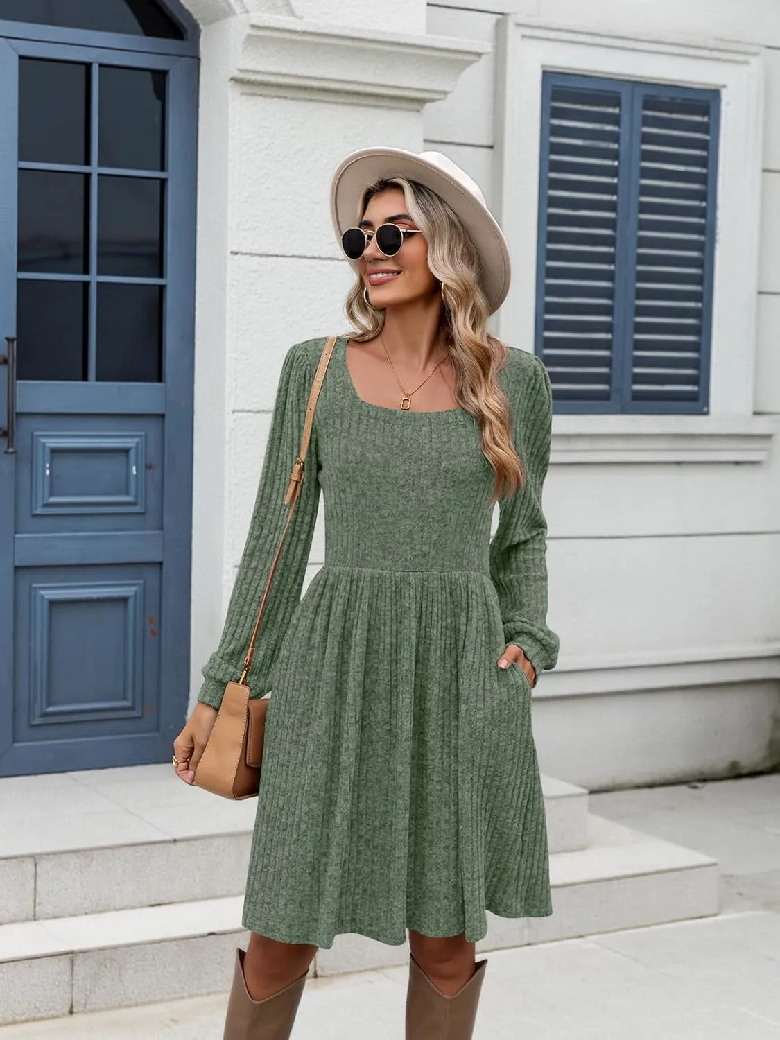 Naggoo Long Sleeve Fall Dresses for Women 2024 Square Neck Winter Sweater Dresses